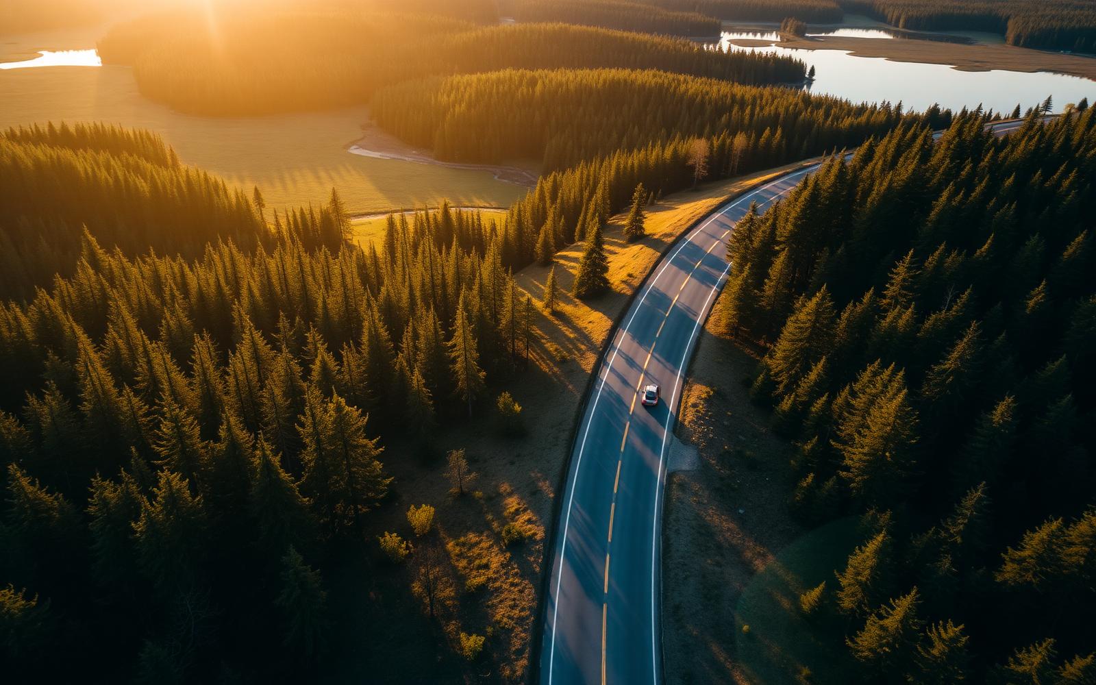 Väg genom svensk skog i solnedgång